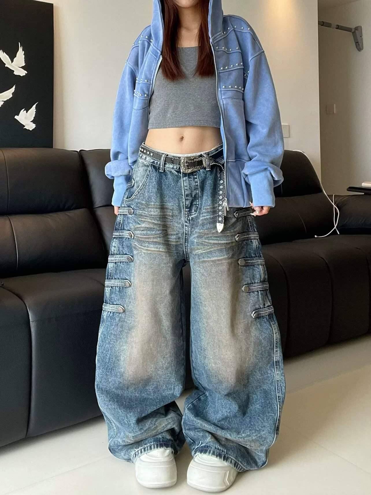 빈티지 멀티 비조 버튼 워싱 와이드 데님 팬츠
