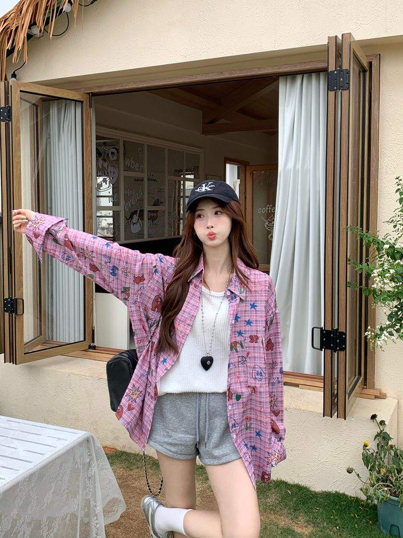 키치 그래픽 핑크 체크 오버핏 긴팔 셔츠
