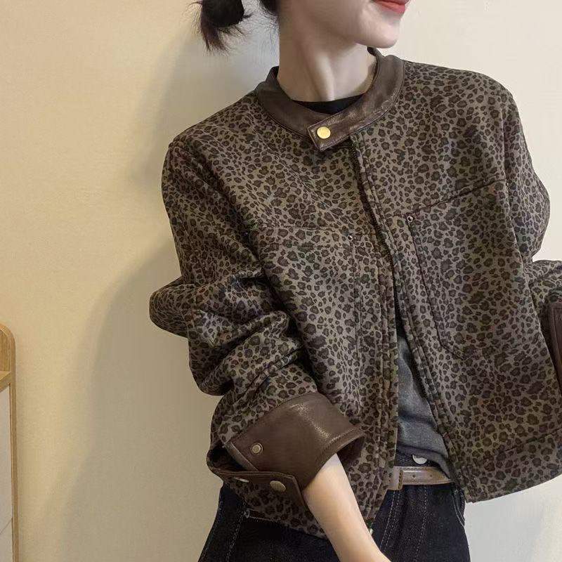 레오파드 레더 배색 숏 워크 재킷