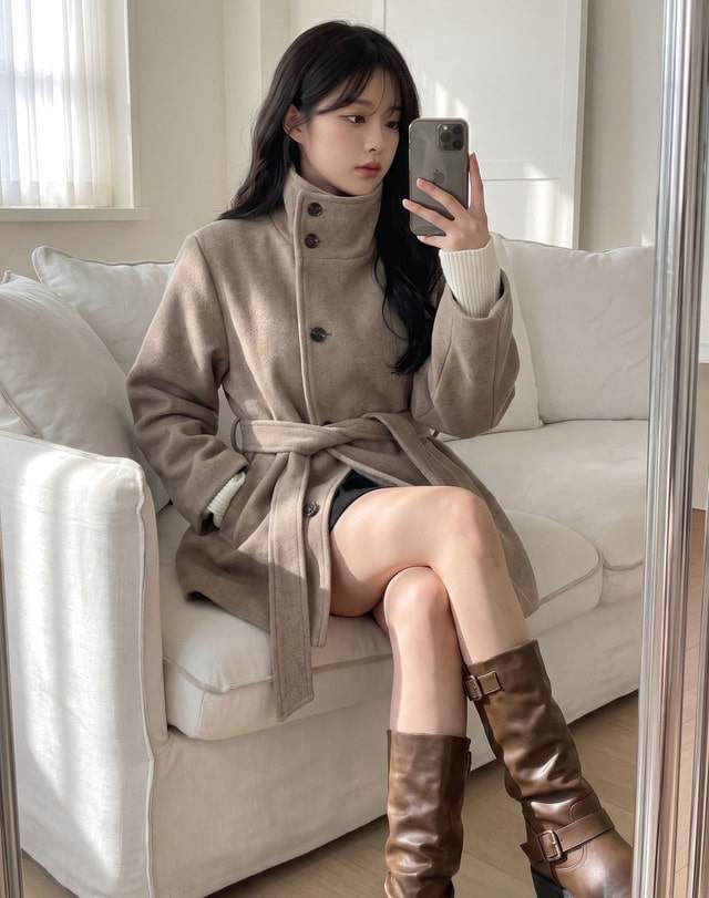 클래식 하이넥 벨티드 울혼방 숏 코트