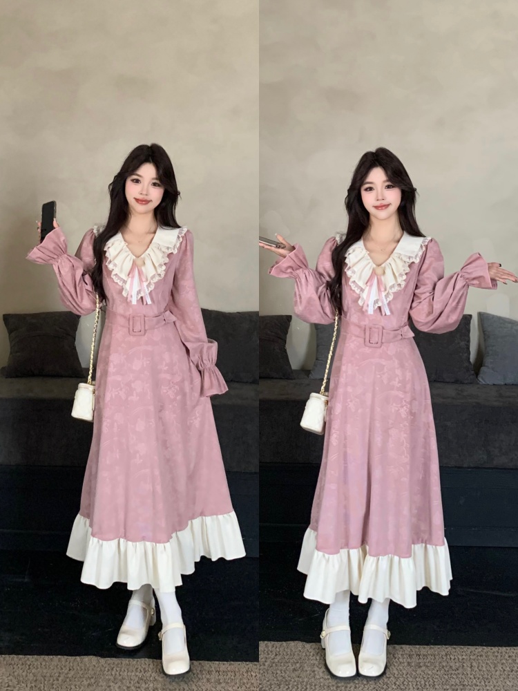 빈티지 자카드 레이스 프릴 롱 원피스 벨트세트