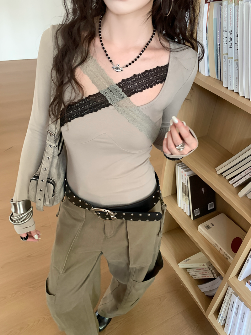 빈티지 레이스 배색 크로스 슬림 긴팔 티셔츠