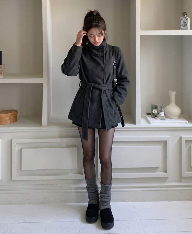 클래식 하이넥 벨티드 울혼방 숏 코트