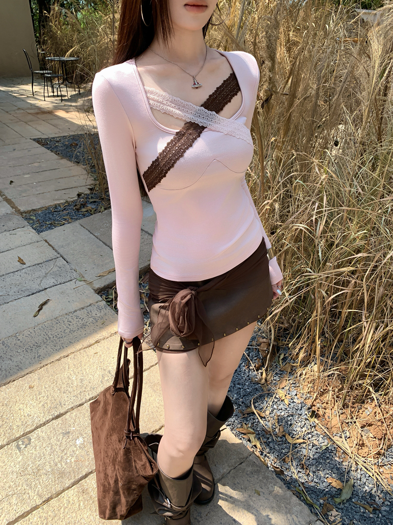 빈티지 레이스 배색 크로스 슬림 긴팔 티셔츠