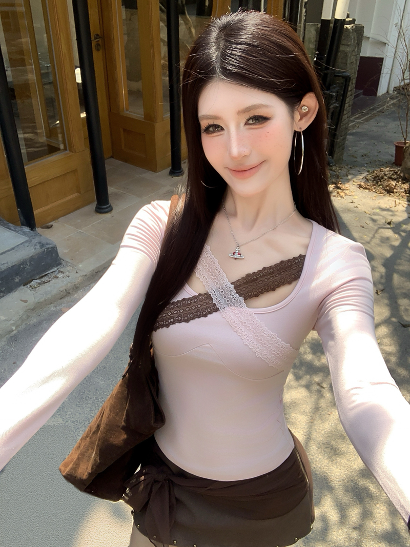 빈티지 레이스 배색 크로스 슬림 긴팔 티셔츠