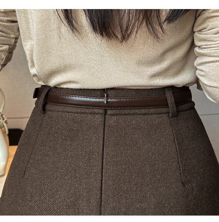 빈티지 울 믹스 딥 플리츠 벨티드 미디스커트