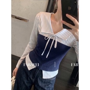 26100054 세일러 스트라이프 뷔스티에 레이어드 긴팔 블라우스