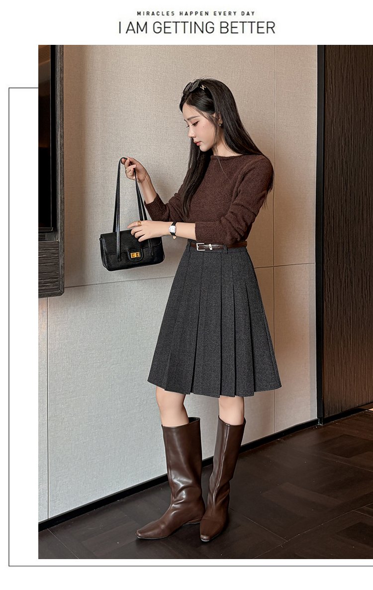 빈티지 울 믹스 딥 플리츠 벨티드 미디스커트