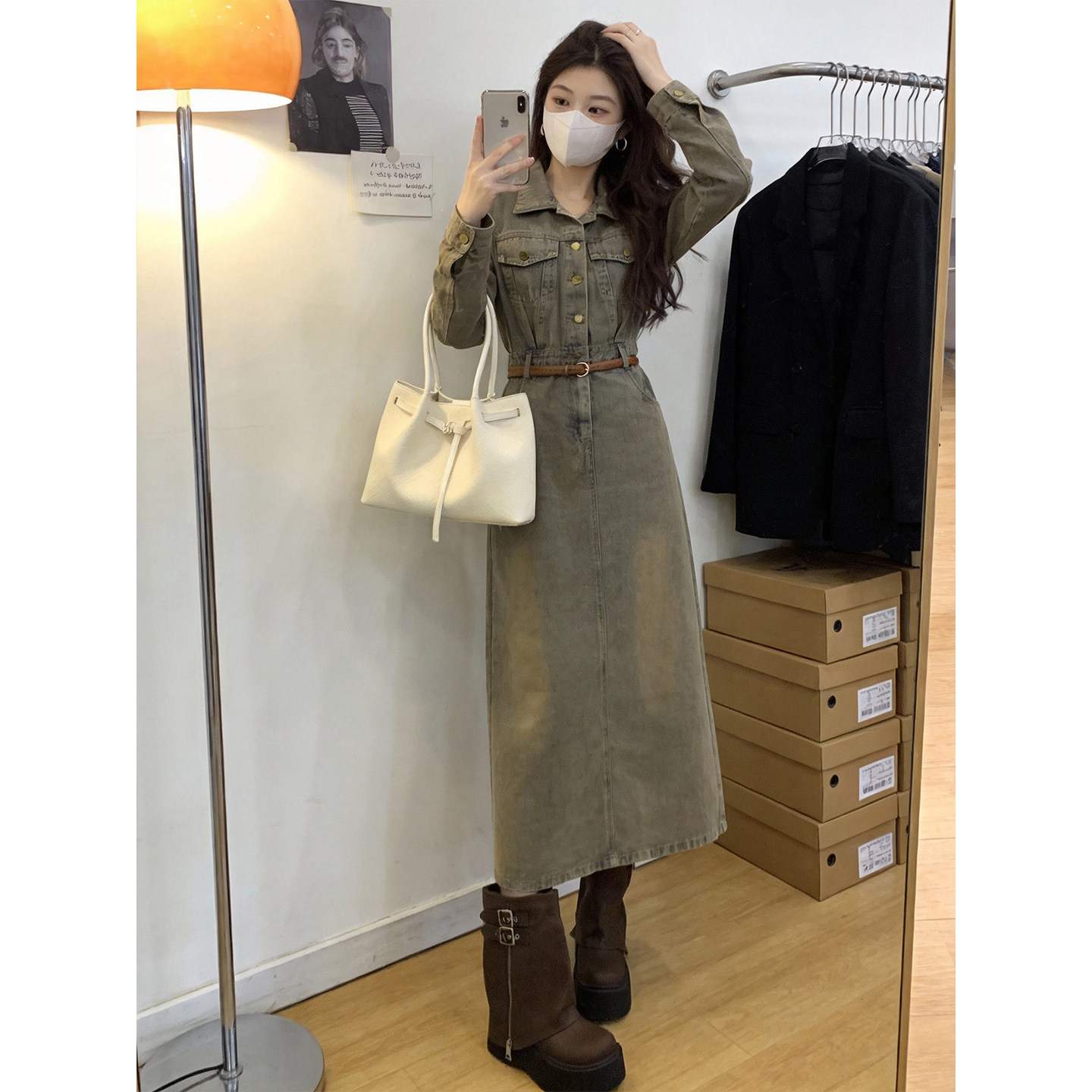 빈티지 카키 워싱 데님 벨티드 맥시 롱 원피스
