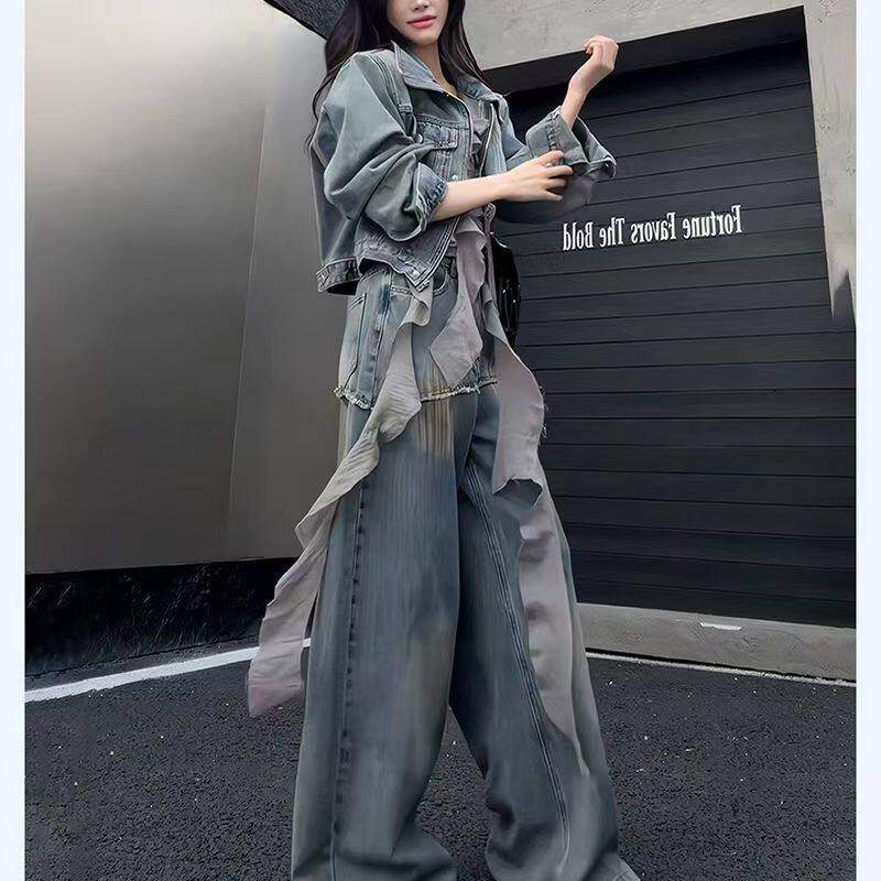 빈티지 샌드 워싱 크롭 데님 재킷 와이드 팬츠 투피스 세트