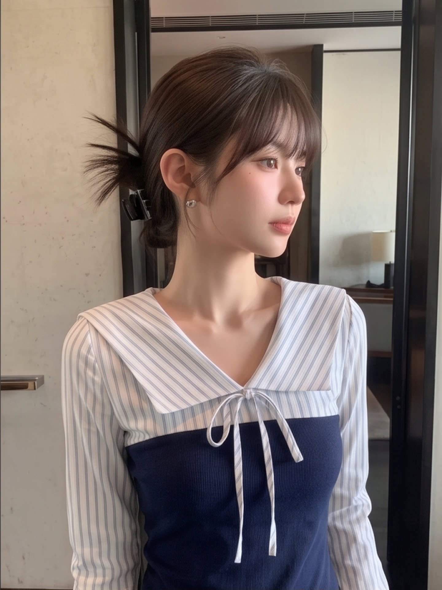 세일러 스트라이프 뷔스티에 레이어드 긴팔 블라우스