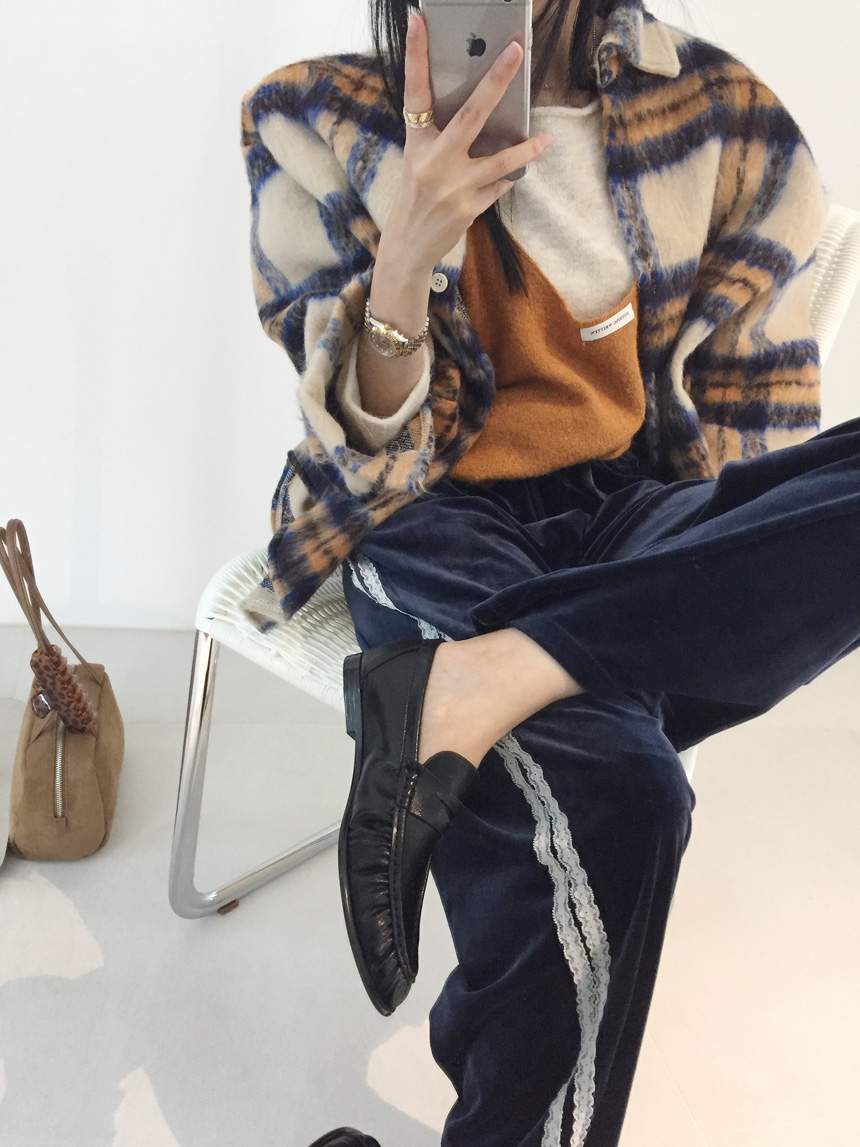 퍼플 체크 모헤어 오버핏 셔츠 자켓