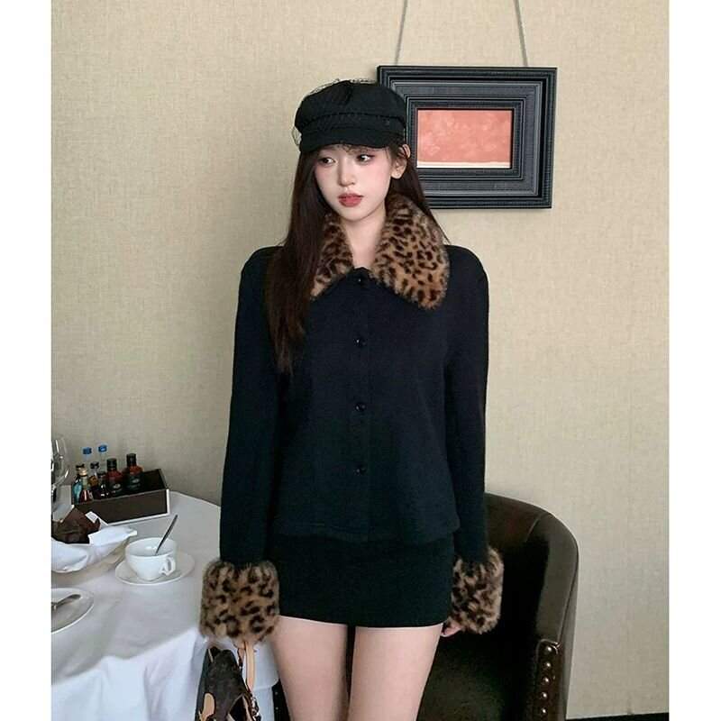 블랙 호피 퍼 카라 소매 포인트 자켓