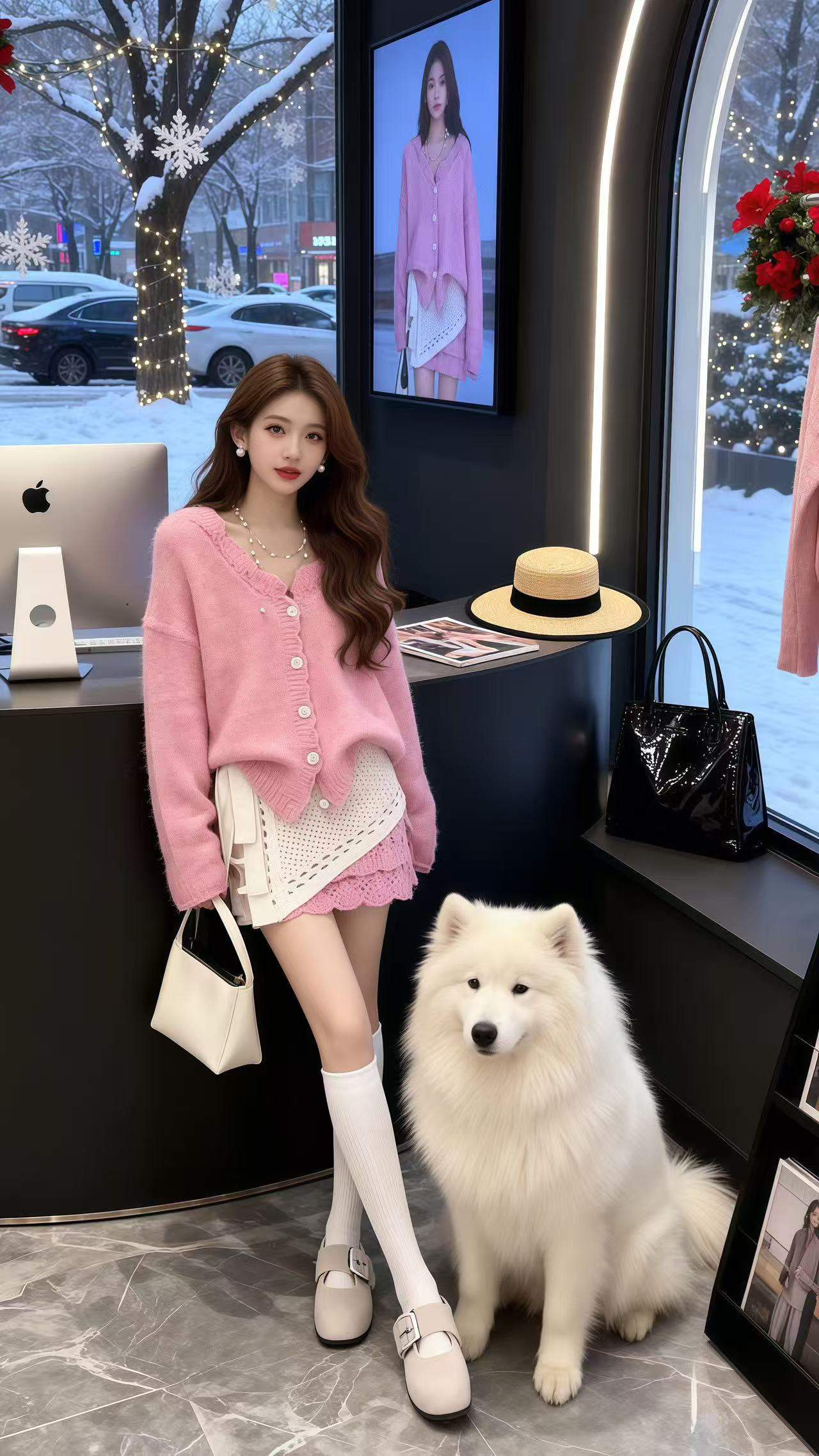 루즈핏 V넥 가디건 펀칭 니트미니 스커트 레이어드 랩스커트 세트 화이트벨트