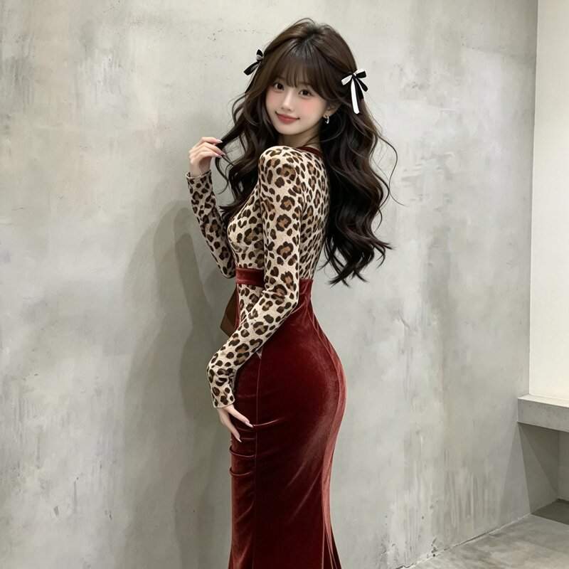 레오파드 버건디 벨벳 배색 머메이드 롱 원피스