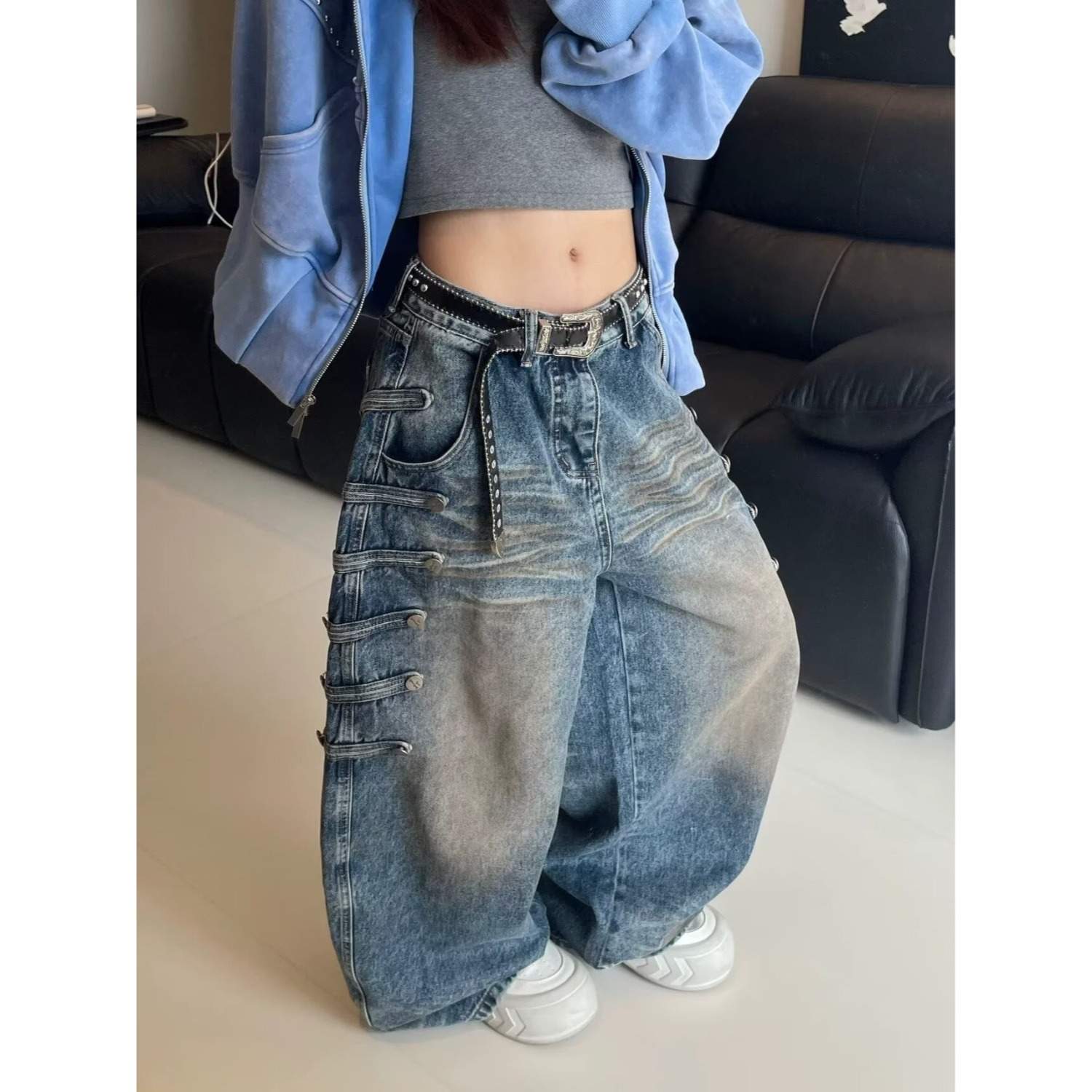 빈티지 멀티 비조 버튼 워싱 와이드 데님 팬츠