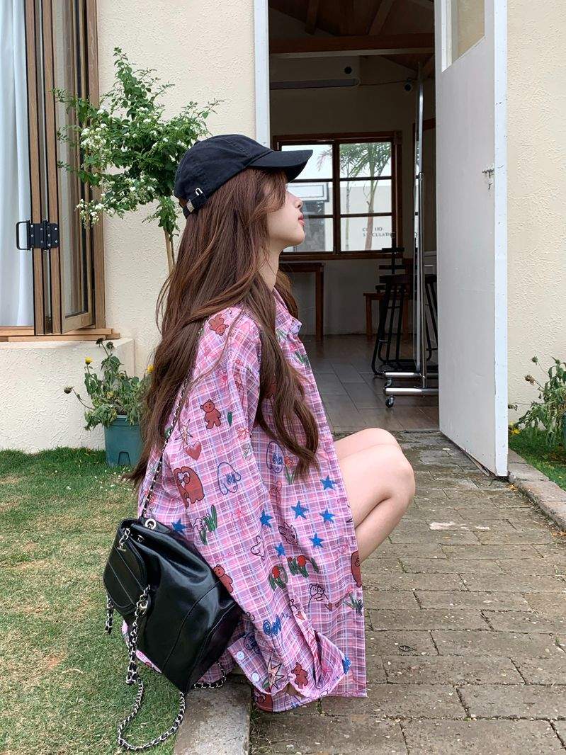 키치 그래픽 핑크 체크 오버핏 긴팔 셔츠