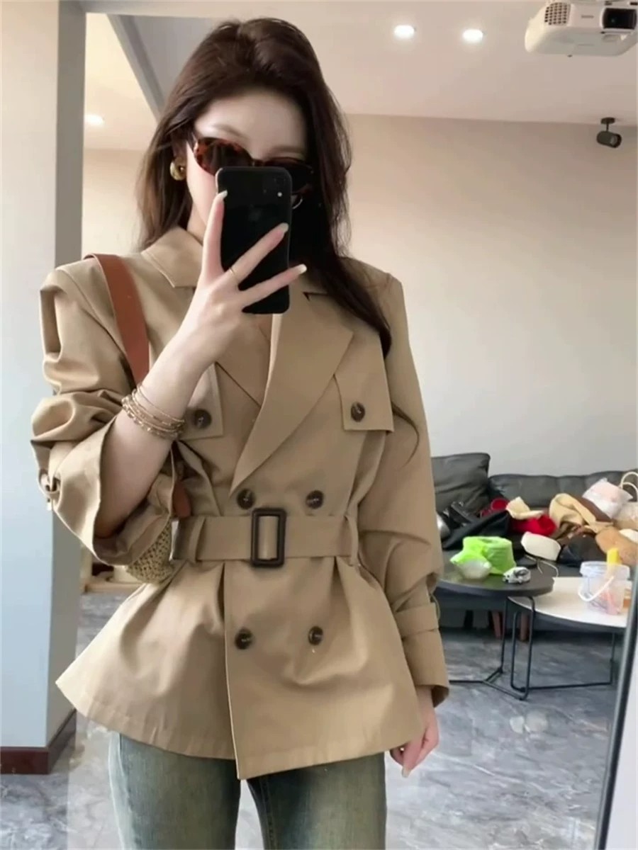 클래식 더블 버튼 벨티드 숏 트렌치 재킷