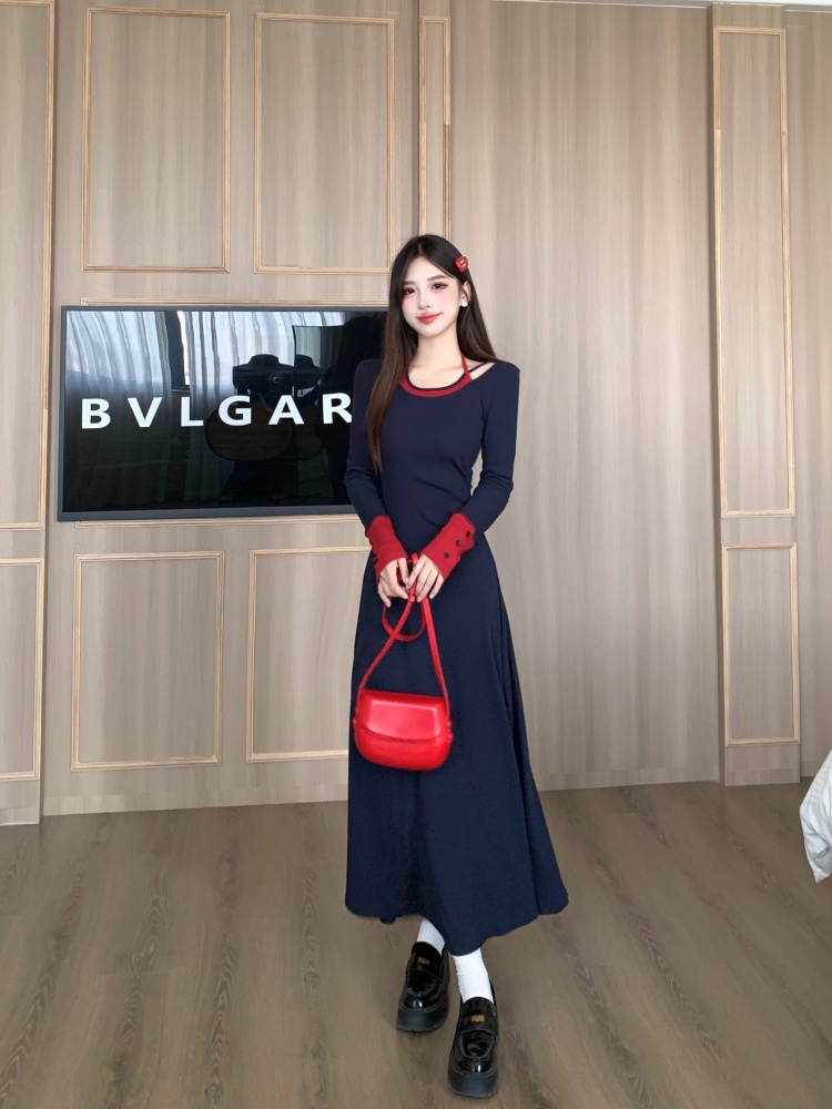 홀터 배색 넥 레이어드 A라인 맥시 롱 원피스
