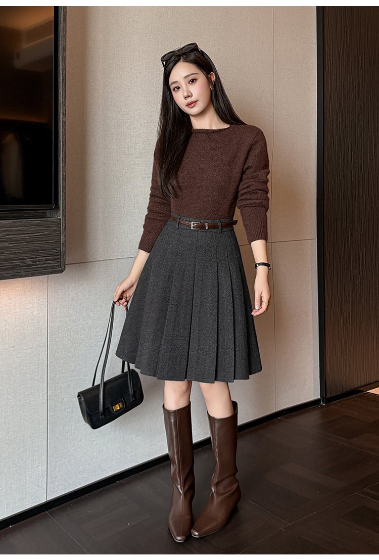 빈티지 울 믹스 딥 플리츠 벨티드 미디스커트