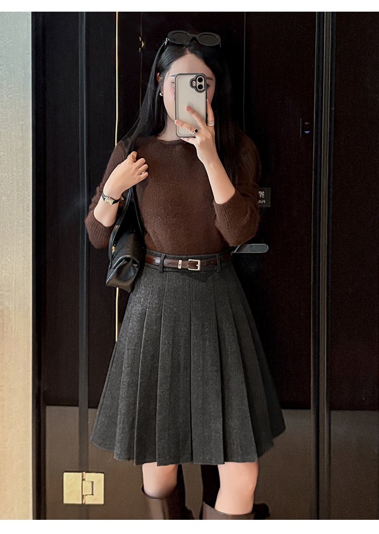 빈티지 울 믹스 딥 플리츠 벨티드 미디스커트