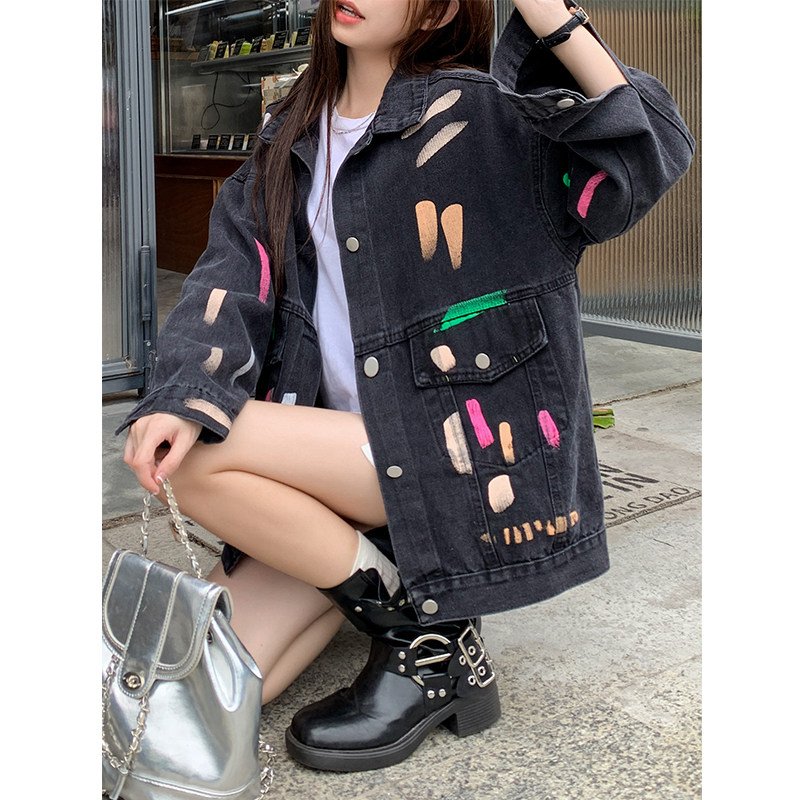 빈티지 멀티 페인트 그래피티 오버핏 흑청 데님 자켓