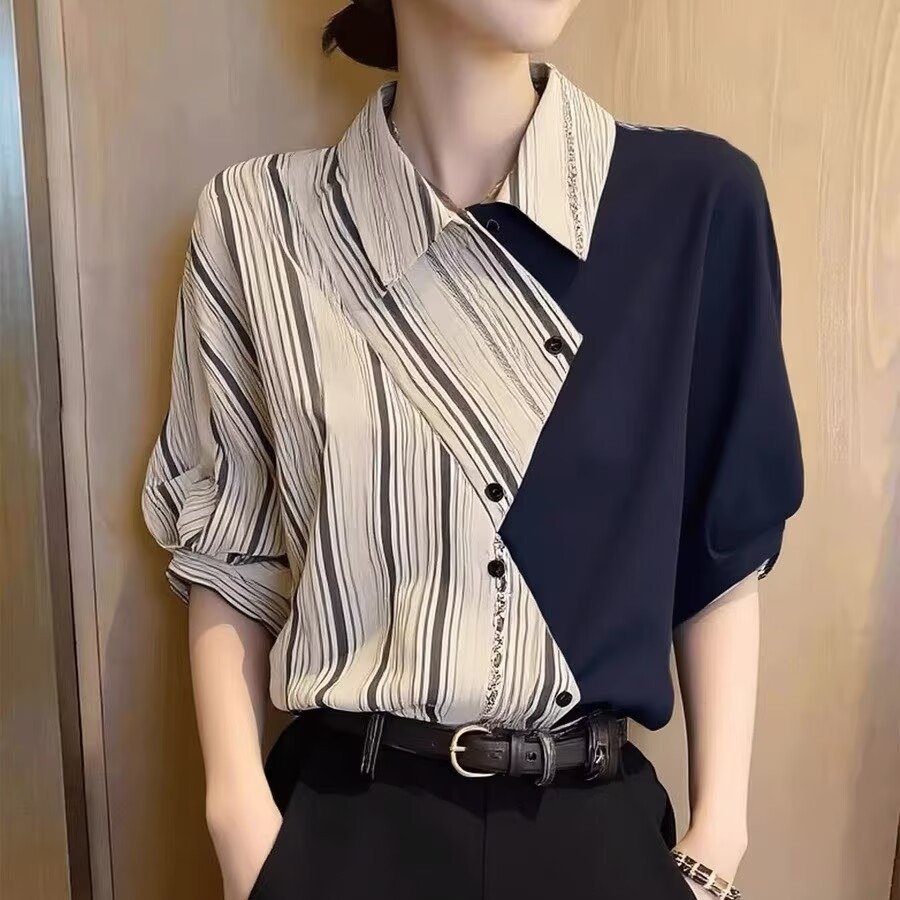 사선 언발 배색 스트라이프 셔츠 블라우스