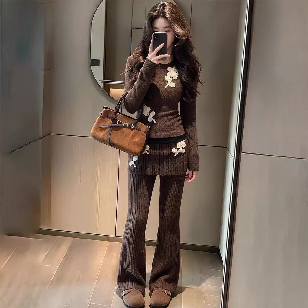 플라워 자수 아플리케 골지 니트 투피스 세트