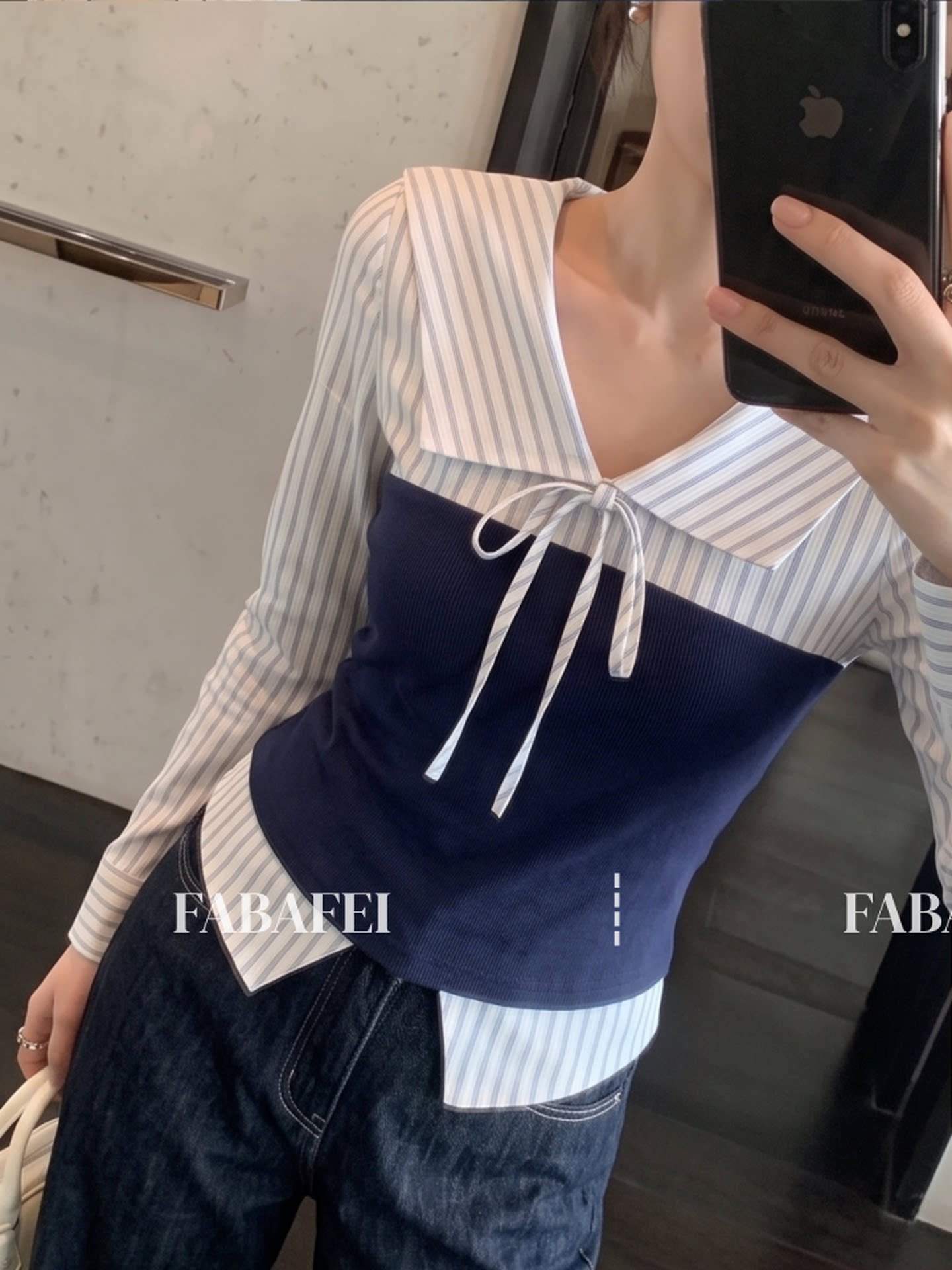 세일러 스트라이프 뷔스티에 레이어드 긴팔 블라우스