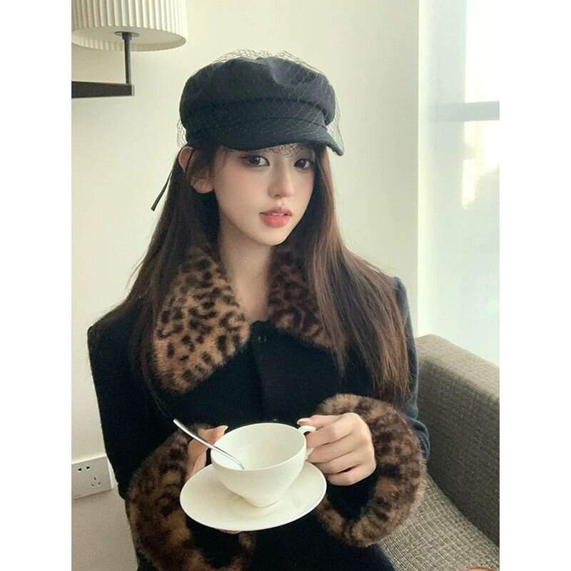 블랙 호피 퍼 카라 소매 포인트 자켓
