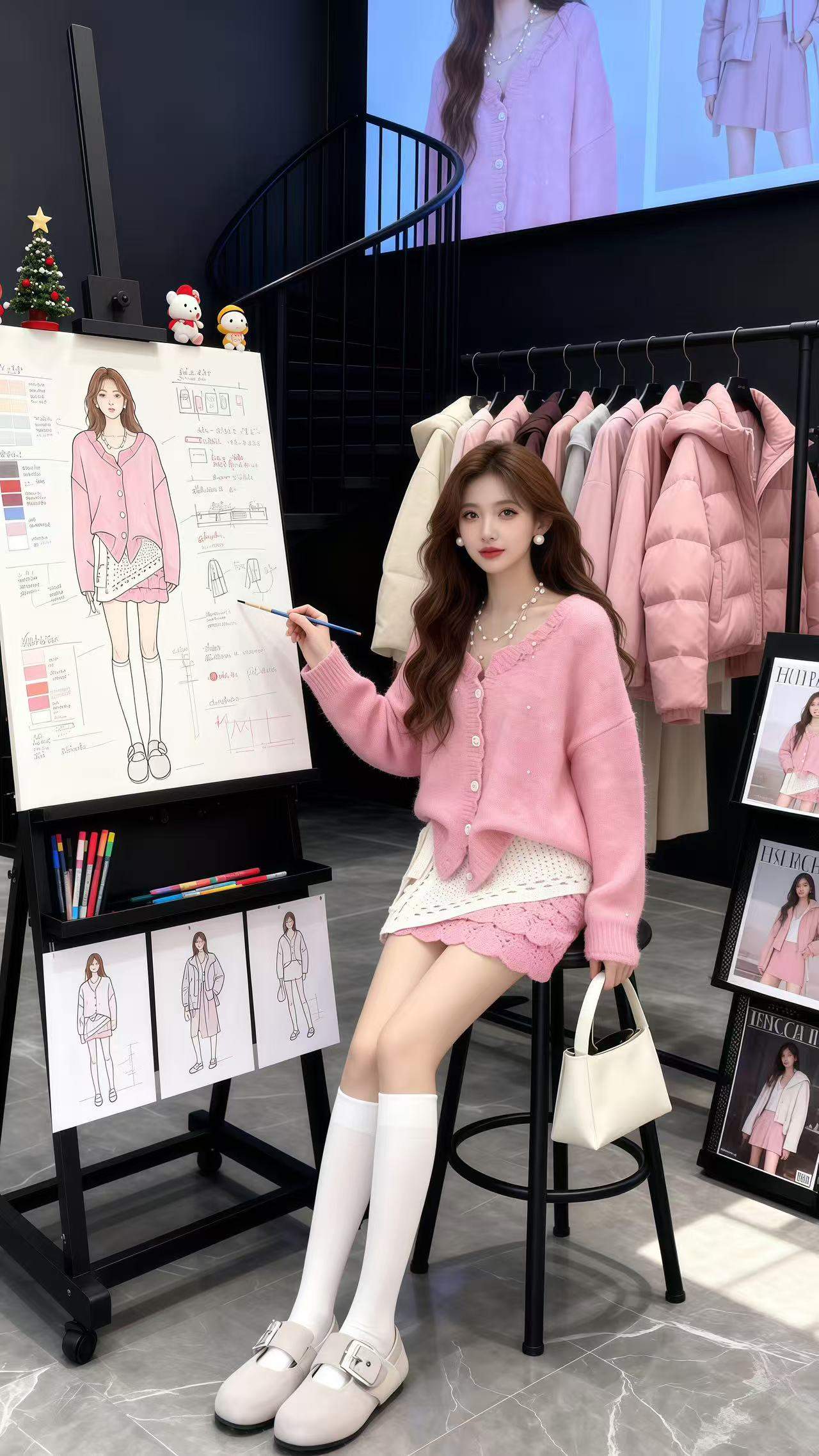 루즈핏 V넥 가디건 펀칭 니트미니 스커트 레이어드 랩스커트 세트 화이트벨트