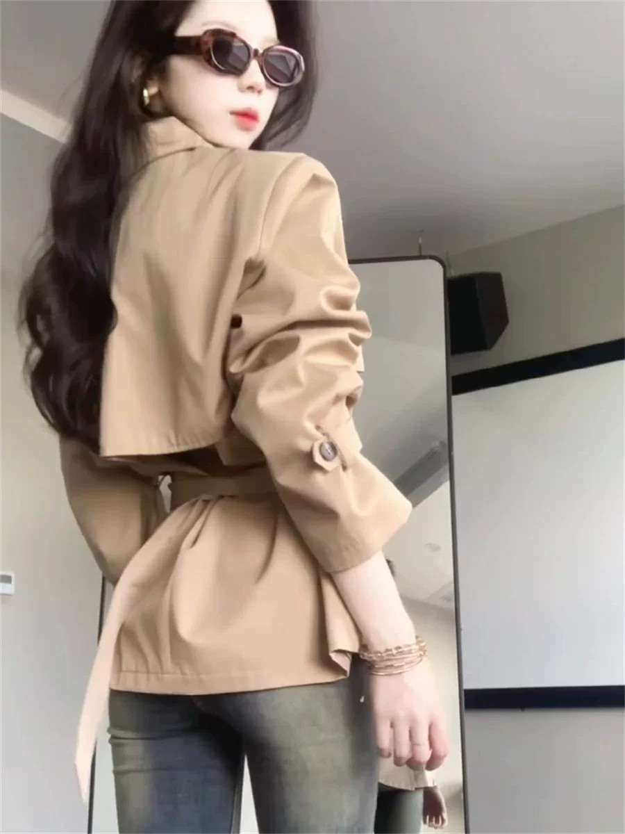 클래식 더블 버튼 벨티드 숏 트렌치 재킷
