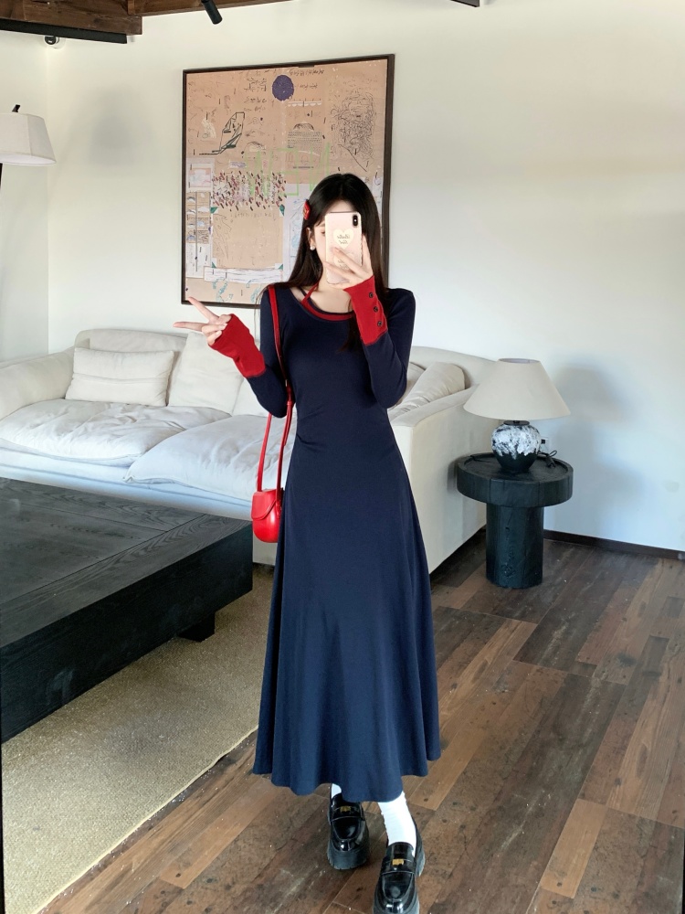 홀터 배색 넥 레이어드 A라인 맥시 롱 원피스