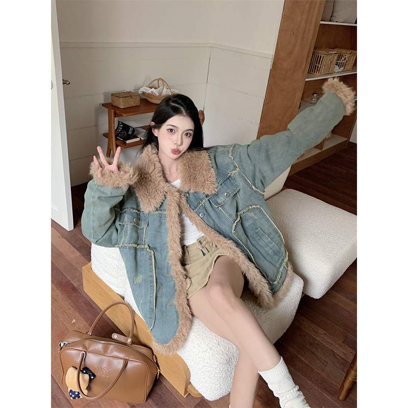 빈티지 데미지 워싱 데님 퍼 카라 오버핏 자켓