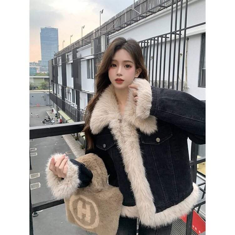 흑청 퍼 카라 패딩 데님 자켓