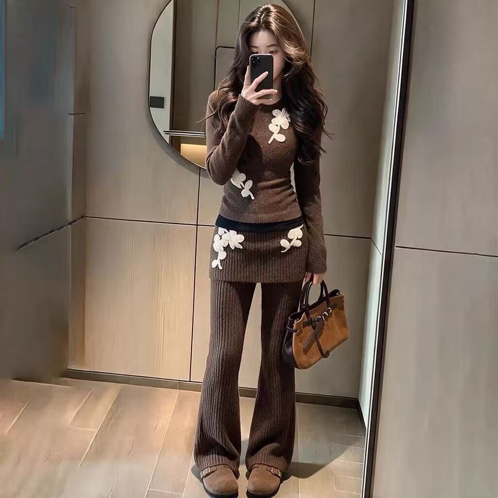 플라워 자수 아플리케 골지 니트 투피스 세트