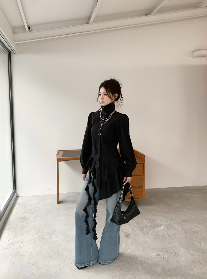 언발 러플 드레이프 셔츠 블라우스