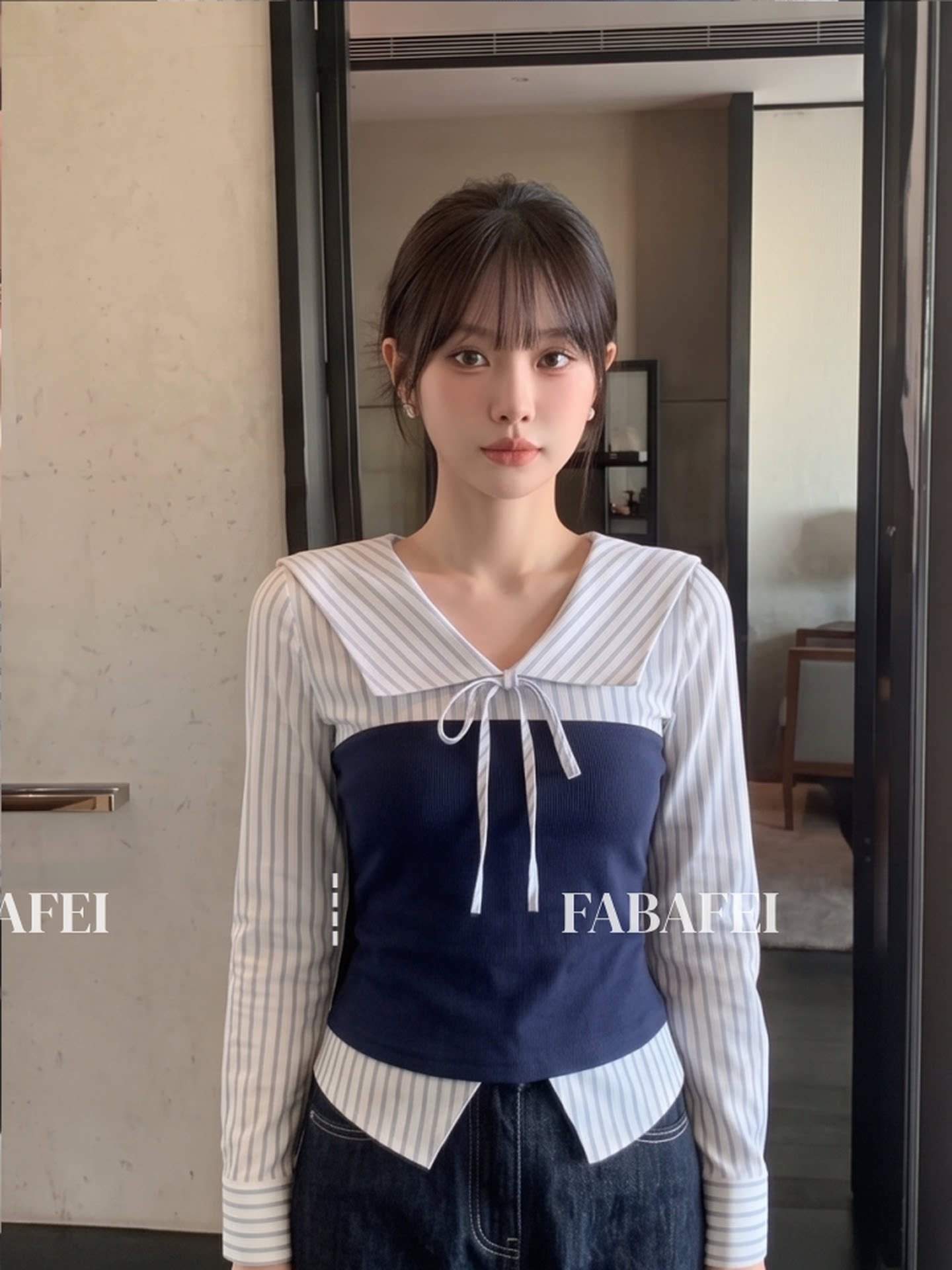 세일러 스트라이프 뷔스티에 레이어드 긴팔 블라우스