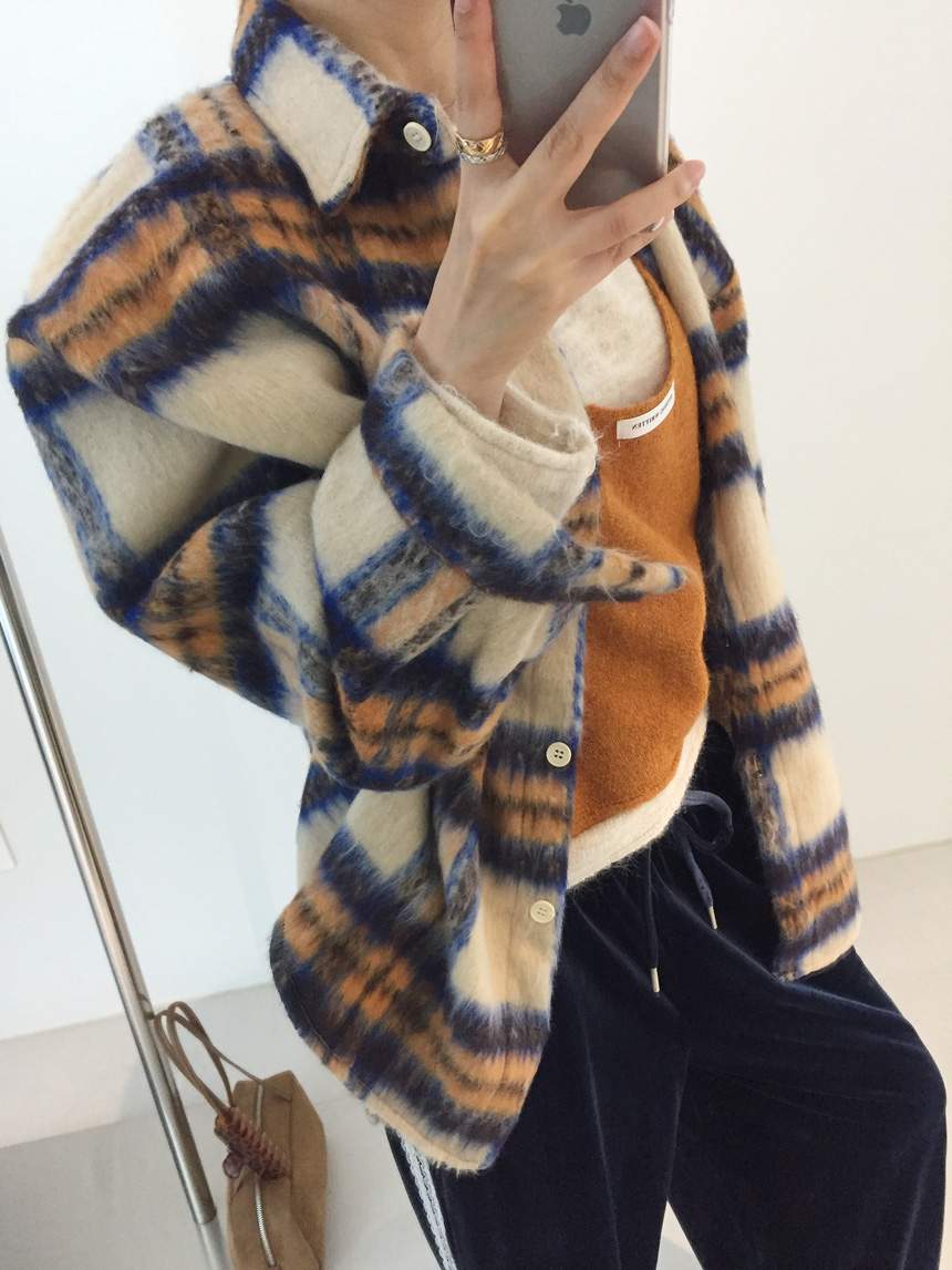 퍼플 체크 모헤어 오버핏 셔츠 자켓