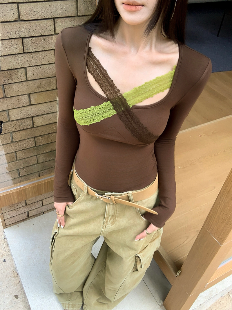 빈티지 레이스 배색 크로스 슬림 긴팔 티셔츠