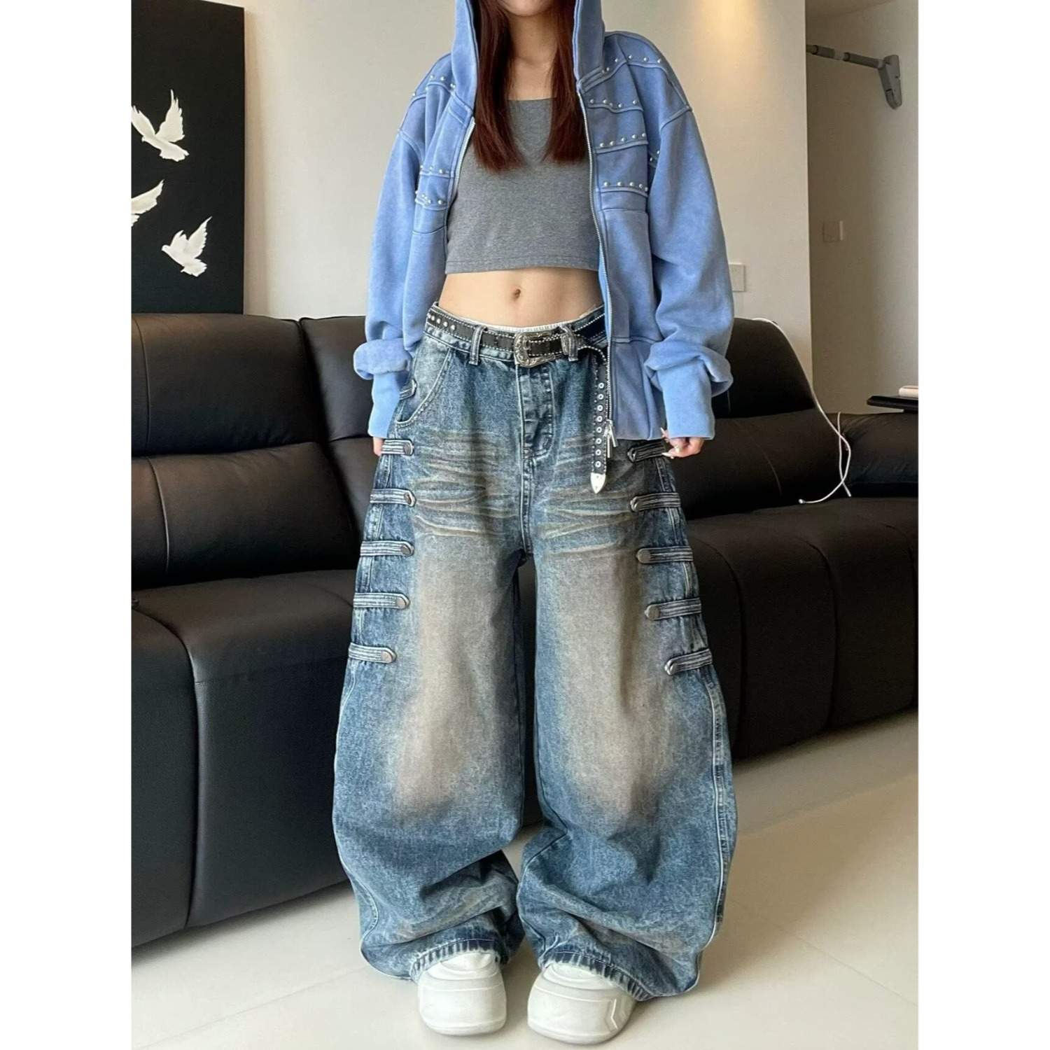 빈티지 멀티 비조 버튼 워싱 와이드 데님 팬츠