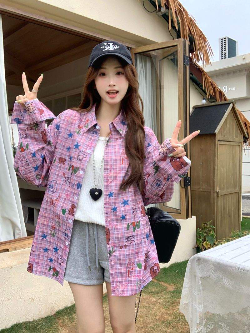 키치 그래픽 핑크 체크 오버핏 긴팔 셔츠
