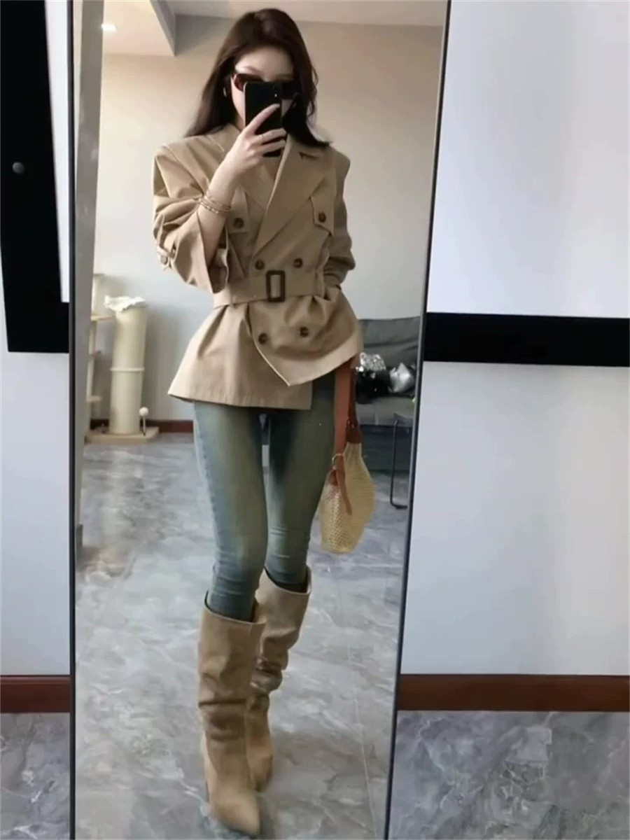 클래식 더블 버튼 벨티드 숏 트렌치 재킷