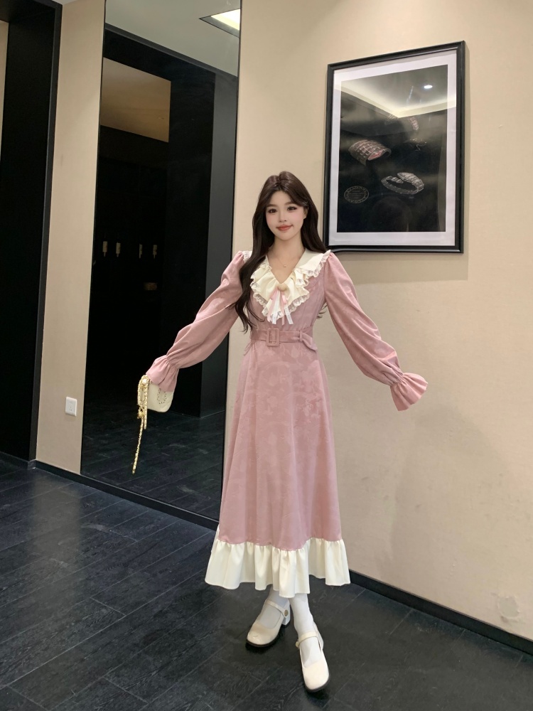 빈티지 자카드 레이스 프릴 롱 원피스 벨트세트