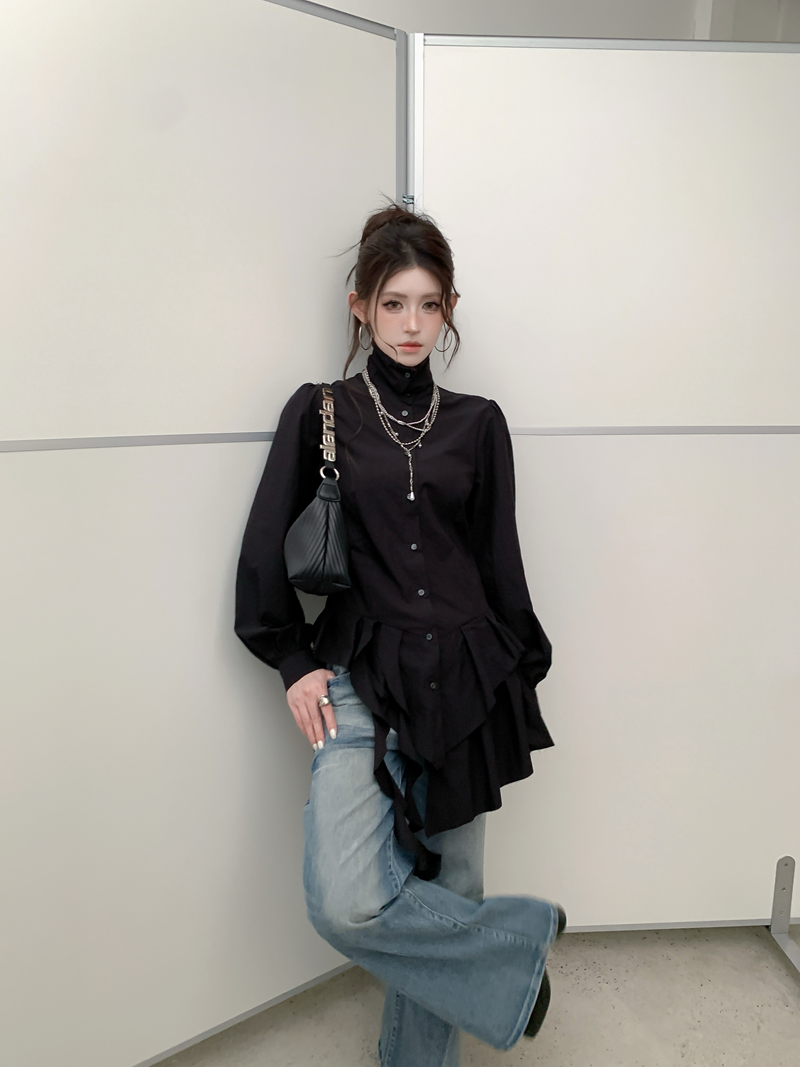 언발 러플 드레이프 셔츠 블라우스