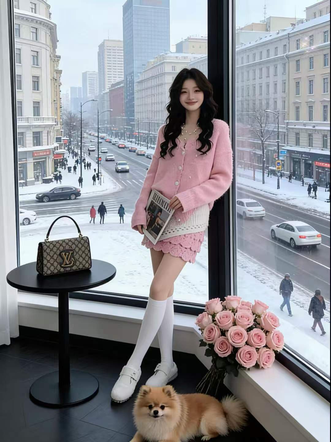 루즈핏 V넥 가디건 펀칭 니트미니 스커트 레이어드 랩스커트 세트 화이트벨트