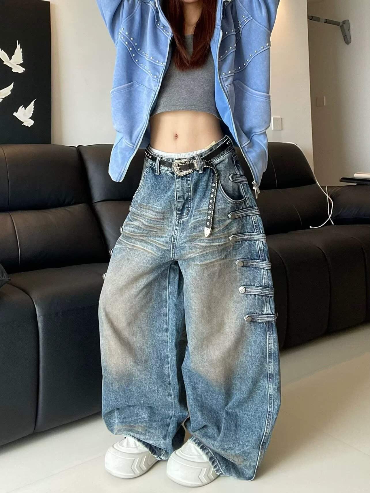 빈티지 멀티 비조 버튼 워싱 와이드 데님 팬츠