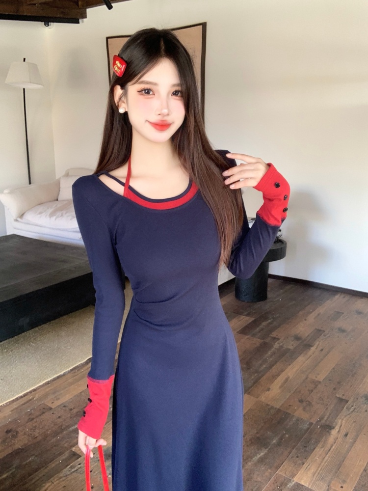홀터 배색 넥 레이어드 A라인 맥시 롱 원피스
