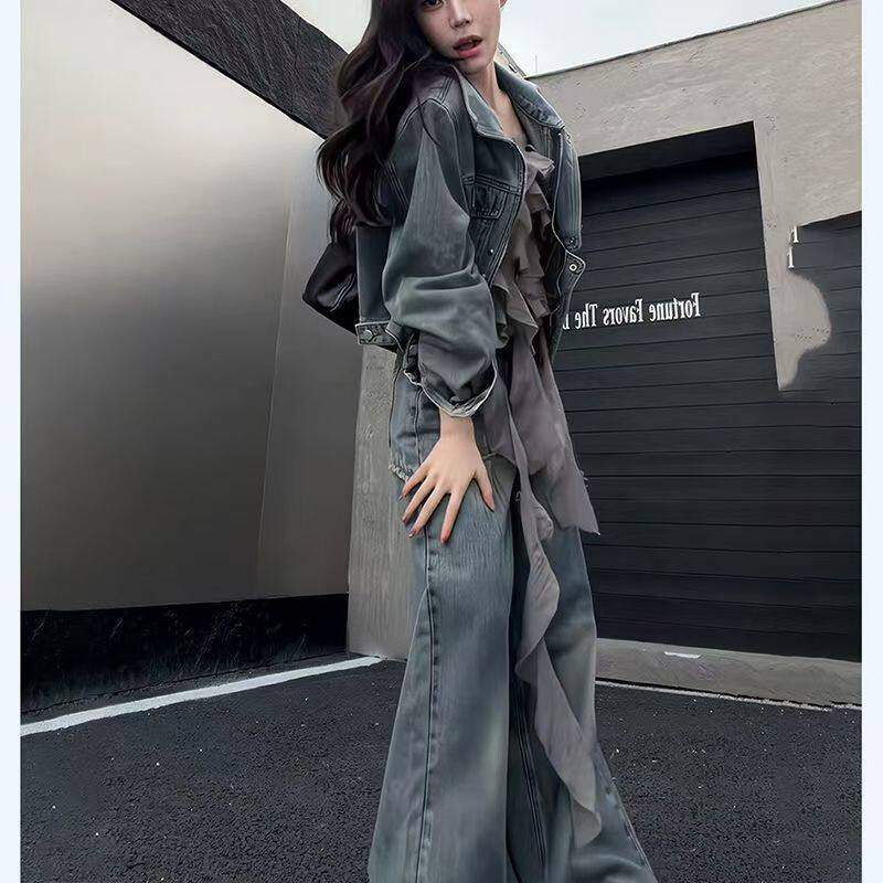 빈티지 샌드 워싱 크롭 데님 재킷 와이드 팬츠 투피스 세트