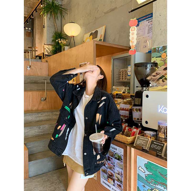 빈티지 멀티 페인트 그래피티 오버핏 흑청 데님 자켓